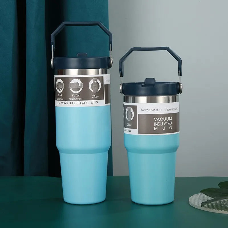 600/890ML Stainless Steel Thermos Mug With Straw Car Insulated Flask Water Tumbler for Outdoor Keeps Cold and Heat Thermal Mug