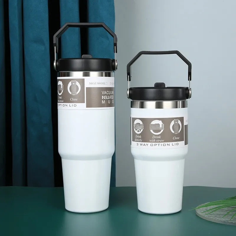 600/890ML Stainless Steel Thermos Mug With Straw Car Insulated Flask Water Tumbler for Outdoor Keeps Cold and Heat Thermal Mug