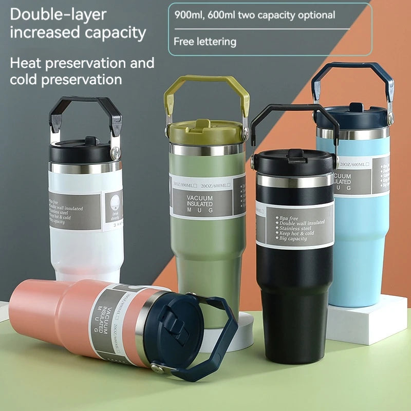 600/890ML Stainless Steel Thermos Mug With Straw Car Insulated Flask Water Tumbler for Outdoor Keeps Cold and Heat Thermal Mug
