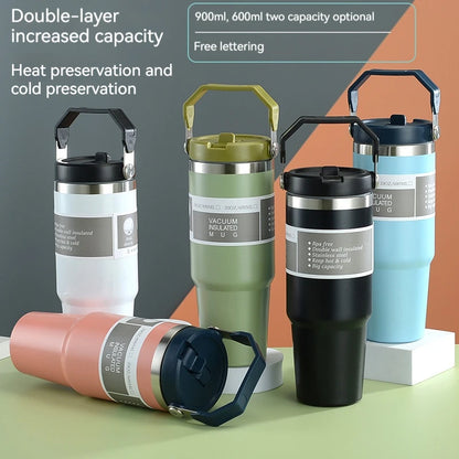 600/890ML Stainless Steel Thermos Mug With Straw Car Insulated Flask Water Tumbler for Outdoor Keeps Cold and Heat Thermal Mug
